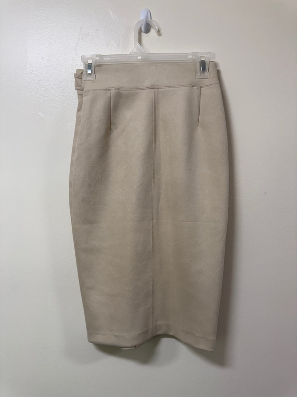 Mid-Rise Beige Button-Front Pencil Skirt with Self-Tie Detail - Picture 5 of 5